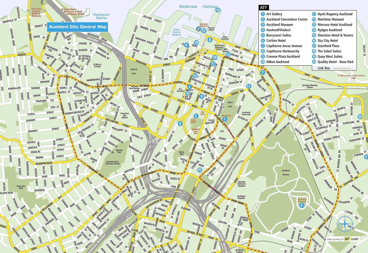 kartes Oklendas pilsētas centrā
